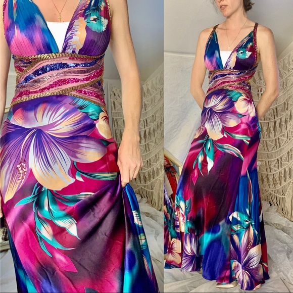 SOLD Jovani Vintage Y2k Tropical Print Prom Satin Dress - Picture 6 of 11